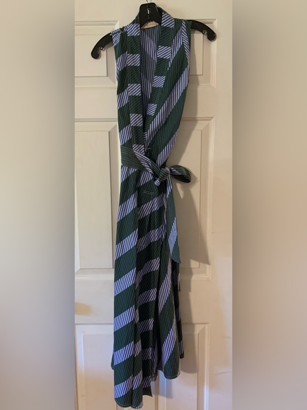 Tory Burch Sleeveless Green and Blue Striped Wrap Dress 4